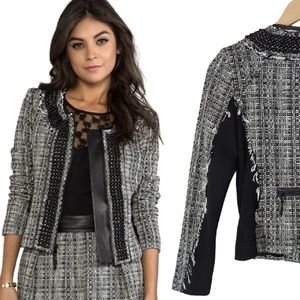 Milly Black and White Punk Distressed Tweed Blazer Jacket